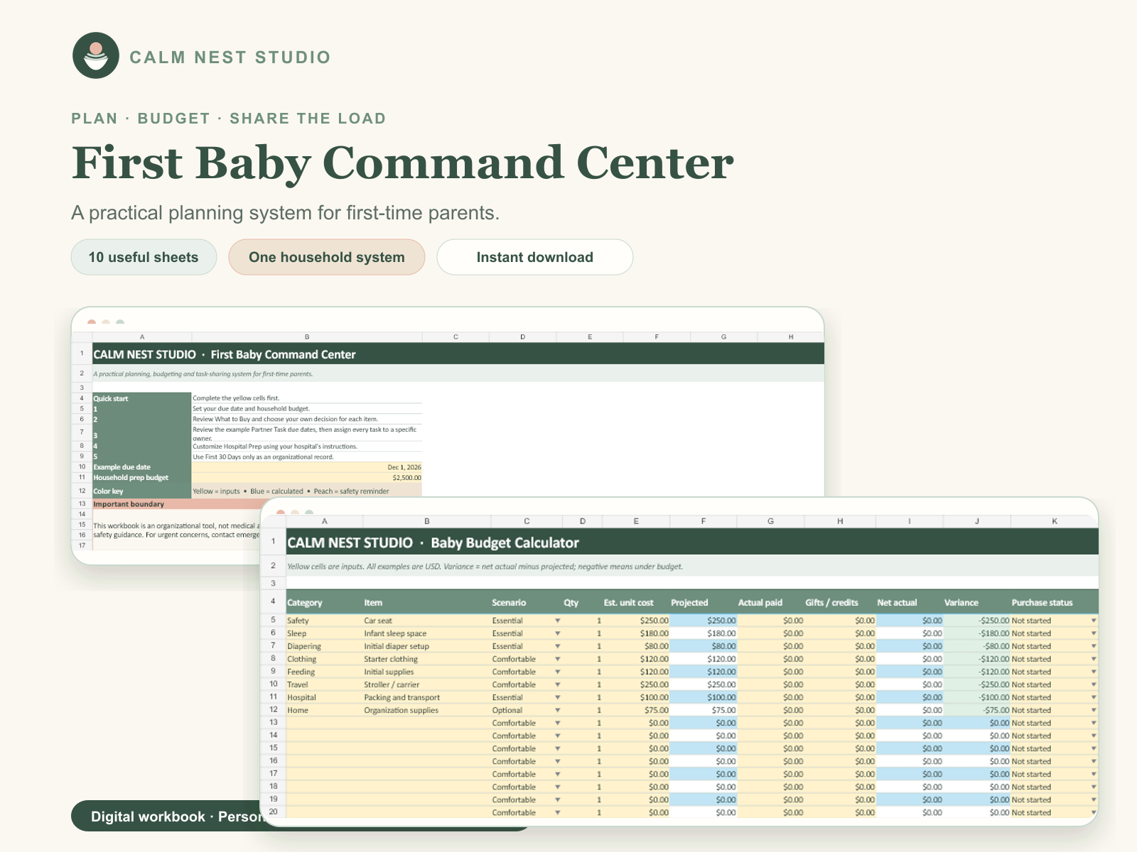 First Baby Command Center with real workbook screens